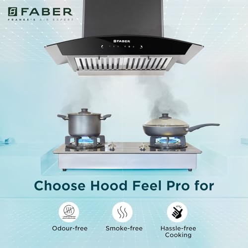 Image of Faber 60 cm 1320 m /hr Curved Glass Kitchen Chimney | 3 Layer Baffle Filter | Gravity Suction| Touch&Gesture Control | Oil Collector | 12 years warranty on Motor| Hood Feel Pro TC SC BF BK 60 | Black