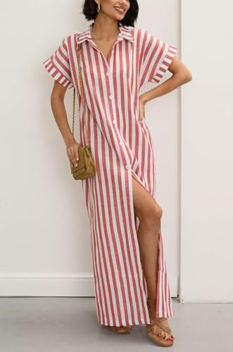 utcoco Women's 2025 Striped Short Sleeve Cotton Maxi Shirt Dress Belted Side Slit Button Down Dress with Pockets4