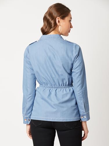 Image of Miss Chase Women's Polo Neck Full Sleeves Patch Pocket Denim Overcoat Knee-Length Jacket
