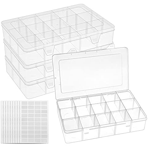 BAKHUK 4 Pack x 15 Grids Storage Container Plastic Washi Tape Organizer, 15 Compartments Clear Craft Box with Adjustable Divider Removable for Sewing, Tackle, Thread, Art DIY, Beads,10.8x6.5x2.2in Cover
