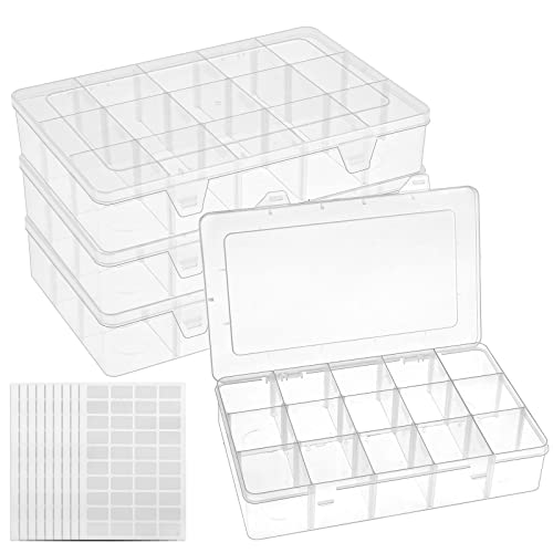 BAKHUK 4 Pack 15 Grids Storage Container Plastic Washi Tape Organizer, 15 Compartments Clear Craft Box with Adjustable Divider Removable for Sewing, Tackle, Thread, Art DIY, Beads,10.8x6.5x2.2in