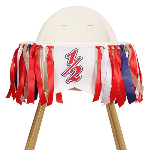�싅�n�[�t�o�[�X�f�[�n�C�`�F�A�o�i�[ - 6�������a�����f�R���[�V�����AI'm Half Way To One High Chair�o�i�[�A�ԁA���A�̃p�[�e�B�[�K�[�����h�A�X�|�[�c���e�[�}�ɂ����p�[�e�B�[�p�i(�싅�n�[�t)