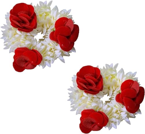 Pam Herbals Artificial Red Rose Mogra (Jasmine) Scented Gajra Hair Band Scrunchie Hair Accessories for Women Girls (Pack of 2)