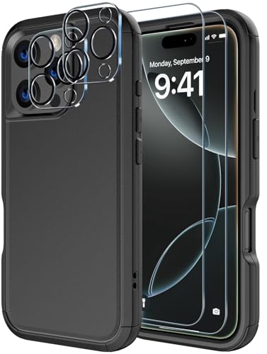Image of Diverbox for iPhone 16 Pro Case [Shockproof] [Dropproof] [Tempered Glass Screen Protector + Camera Protectors] Heavy Duty Protection Phone Case Cover for Apple iPhone 16 Pro (Black)