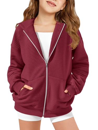Haloumoning Girls Zip Up Hoodie Kids Fashion Oversized Textured Sweatshirt Jacket with Pockets 5-14 Years Burgundy