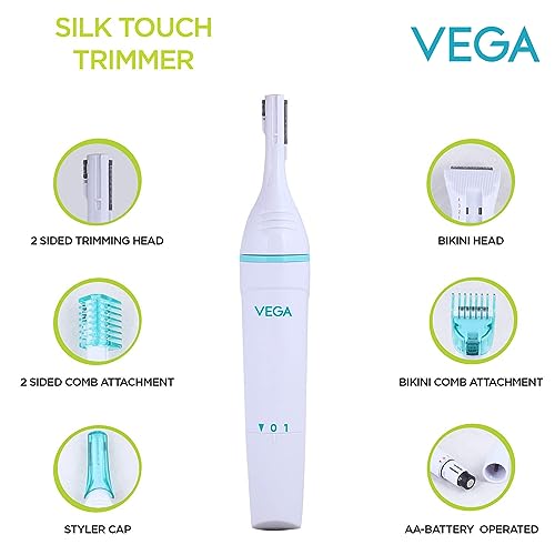 Vega Silk Touch Trimmer with Bikini Head, 2 sided Trimming Head with 2 Comb Attachement Battery Operated for Eyebrow, Underarms & Bikini Trimmer for Women, (VHBT-01) - Image 2