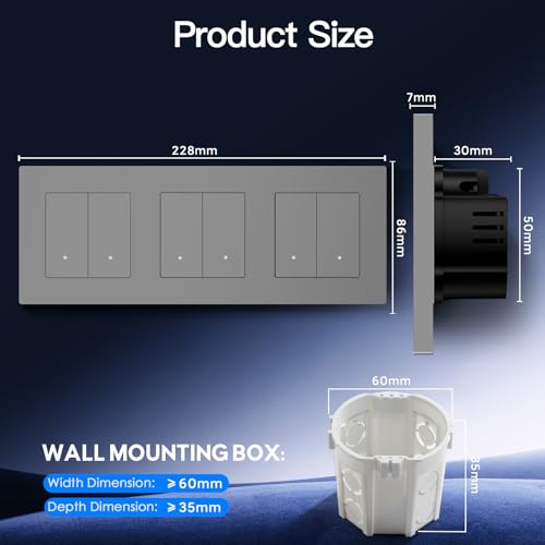 BSEED Tripel Smart Zigbee Schalter mit Steckklemme,Smart Lichtschalter Funktioniert mit Alexa & Google Home,Timing-Funktion, PC Rahmen,Zigbee Hub & Neutralleiter Erforderlich,2 Fach 1 Weg,Grau