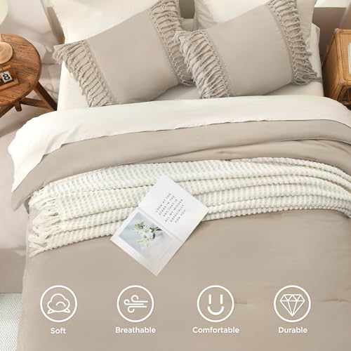 Image of Andency Comforter Full Size Set Khaki, Boho Lightweight Vintage Soft Bedding Comforter Sets, 3 Pieces Bed Set (79x90In Comforter & 2 Pillowcases)