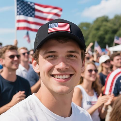 Image of American Flag Trucker Hat for Men Women, Adjustable Snapback Mesh USA Flag Baseball Cap