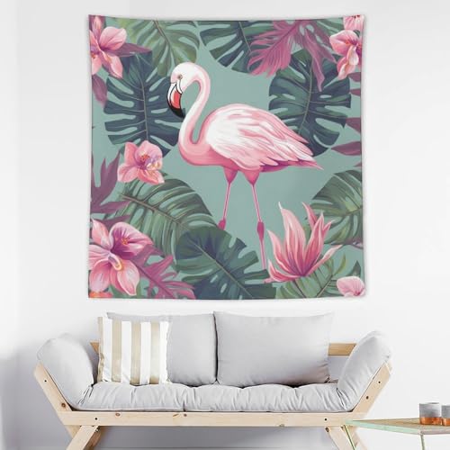 Tapisserie murale esthétique feuilles tropicales et grand flamant rose