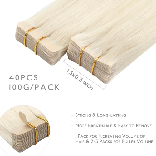 Image of WENNALIFE Invisi Edge Tape in Hair Extensions Human Hair,#60A,16 Inch | 16 Inch 100g 40pcs (Invisi Edge & Classic) Platinum Blonde Invisi Remy Hair Natural Seamless Injected Tape Ins