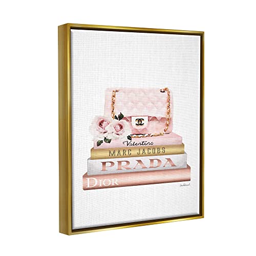 Image of Stupell Industries 'Pink Purse Gold Bookstack'| Floating Frame Canvas Art | Stupell Industries | Gold, 17 x 21 Inches, Easy to Hang and Sturdy, Made in USA, by Amanda Greenwood