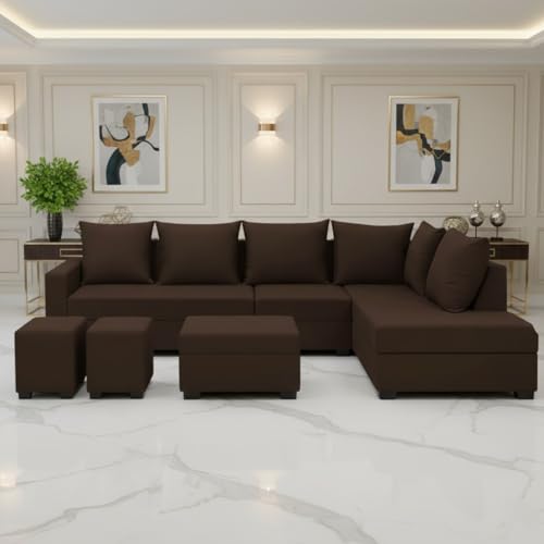 Image of FURNY Gloria 8 Seater Fabric RHS L Shape Sofa Set with 1 Centre Table & 2 Puffy (Dark Brown) | Premium Velvet Finish | Ideal of Living Room