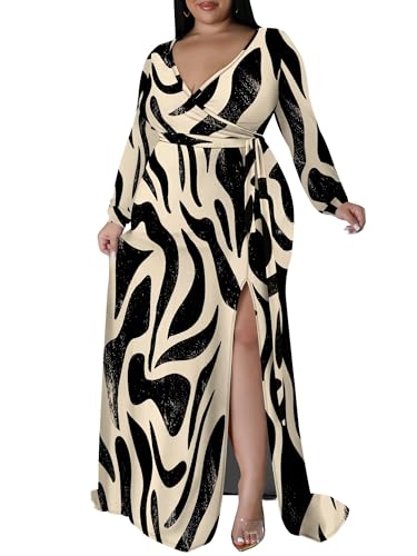 Image of PinkPatty Women's Plus Size Long Sleeve Maxi Dress Casual V Neck Slit Tie Waist Wrap Dresses for Party Cocktail