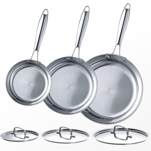 Image of USELUCK Stainless Steel Frying Pan Sets 6 Piece 8, 10 & 12 Inch with Lids, Oven & Dishwasher Safe Fast and Even Heating Stay Cool Handles Non-toxic PFOA Free Stir Fry Pan Skillets Sets
