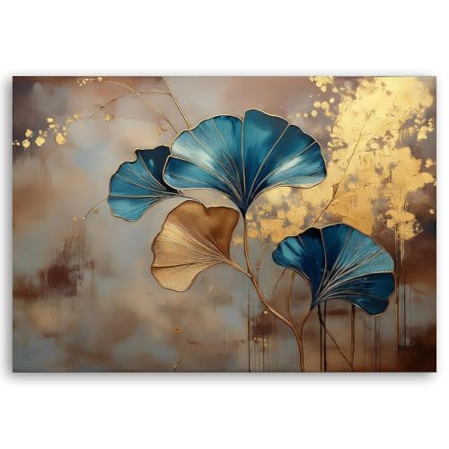 Lienzo moderno azul con ginkgo dorado acento: pintura decorativa de 40x50 cm