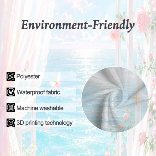 Image of Riyidecor Pink Ocean Roses Shower Curtain 36Wx72H Inch Small Stall Beachy Coastal Floral Flower Pretty Butterfly Hawaii Summer Scenery Beachside Bathroom Decor Fabric Polyester Waterproof 7 Pack Hooks