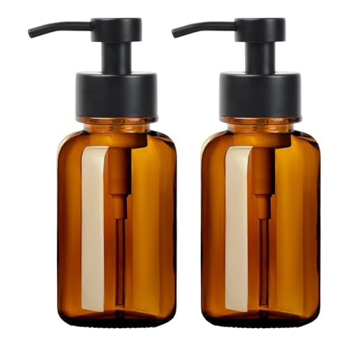 Volumoon Dispensador Jabon Espumoso, 2 Piezas Dispensador de Jabón de Cristal, 400 ml, Rellenables, Dosificador Jabon Baño, Botellas Vacías Bomba de Prensa, para Cocina, Baño (Marrón)