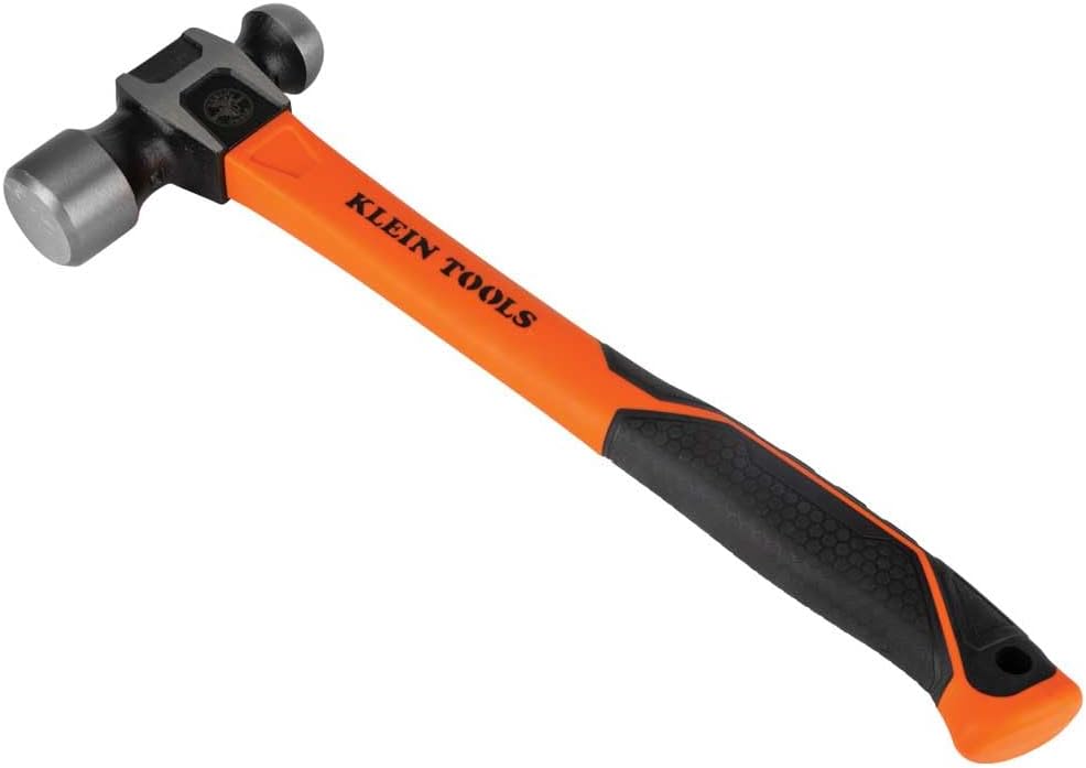 Klein Tools H80332 Ball-Peen Hammer, 32-Ounce Head, Fiberglass Non-Slip Shock Absorbing Grip Handle with Tether Hole, 15-Inch