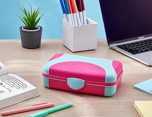 Image of LockerMate by Bostitch Hard Pencil Case, Durable Plastic Pencil Box, Kid-Friendly Design, Pink & Blue