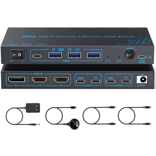 Image of USB-C KVM Switch 3 Monitors 2 Laptops MST Dual USB-C Docking Triple Monitor | Dual 4K@60Hz & One 1080P@60Hz Video Output, 10Gbps USB Transfer, 100W PD Charging