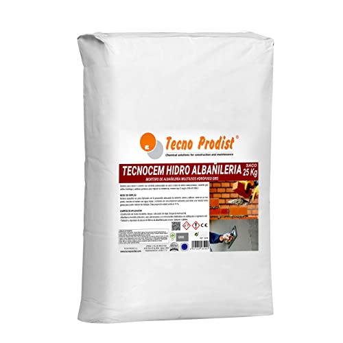 TECNOCEM HIDRO ALBAÑILERÍA de Tecno Prodist (SACO 25 Kg) Mortero de cemento para trabajos de albañilería y construcción, hidrófugo, ideal para revocos, enlucidos y colocación de ladrillos. Color Gris.