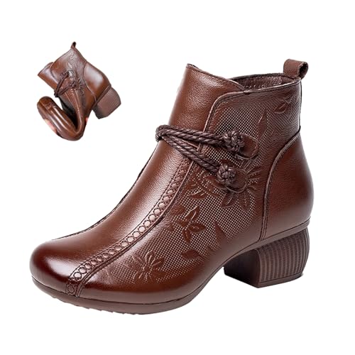 Keilinia Women's Sunflower Print Dress Leather Boots,Fall Winter Comfy Non-Slip Chunky Block Heel Soft Zip Short Ankle Booties
