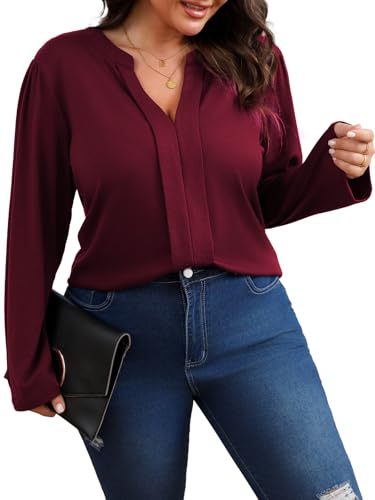 Women's Plus Size Tops V Neck Pleated Front Shirts Trendy Casual Business Tunic Long Sleeves Fall Blouse