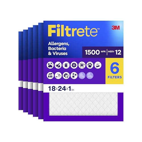 Image of Filtrete 18x24x1 Air Filter, MERV 12, MPR 1500, Allergens, Bacteria & Viruses, 3-Month AC and Furnace Filters, Cleaner Air, Reliable Airflow, 6 HVAC Filters (Actual Size 17.81 x 23.81 x 0.78 in)