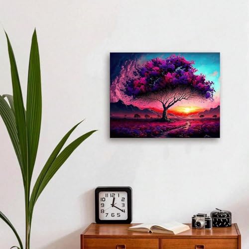 Peinture murale paysage arbre violet pour deco salon et chambre moderne