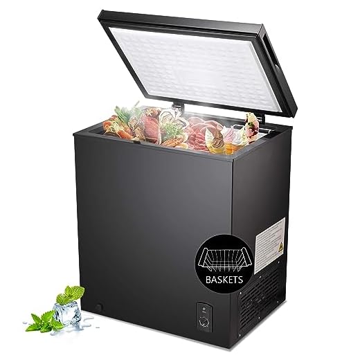 R.W.FLAME Chest Freezer 5.1 Cubic Feet, Deep Freezer, Removable Basket, Adjustable Temperature, Energy Saving, Top open Door Compact Freezer, Black