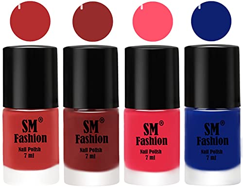 Image of Nail Polish Combo Set (Pack of 4) Quick Dry Gel Finish Nail Paint | Coral Pink ,Jam,Dark Pink,Blue | 7 ml Each