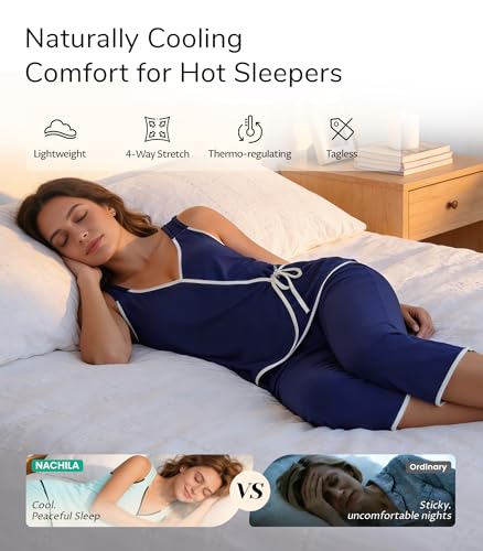 Image of NACHILA Pajamas Set for Women-Viscose Made from Bamboo, Sleeveless Pjs Cool V Neck Sleepwear Soft Capri Pants Pajama Sets