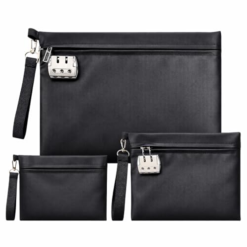 ＴＡＫＵＭＩ∞Ｘ3個 耐火バッグ コンビネーションロック付き 防火 防水 耐火袋 黒 モバイルバッテリー 耐火ケース 1200℃ 軽量携帯可能 鍵付き ポーチ 鍵付きポーチ A4サ集金袋 収納可能集金袋 出張 旅行 家庭用