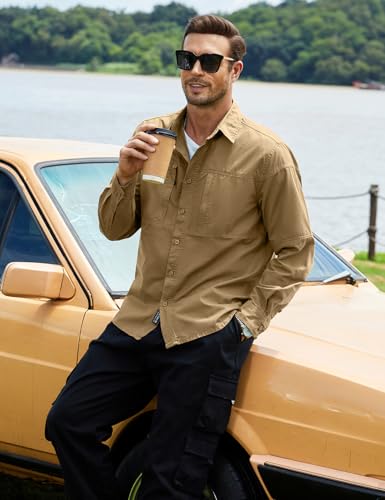 Eisctnd Men's Long Sleeve Tactical Work Shirts, Outdoor Casual Button Down Shirt with Zipper Pockets for Hiking, Safari2