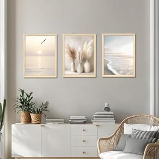 3Pcs Cadre en bois Impression sur Toile Plage Côtière Vague de Mer Tableau Peinture Boho Herbe de la Pampa Océan Tableau Decoration Murale Salon Chambre Maison 90x40cm(12"x16"x3pcs) (Pas de plexiglas)