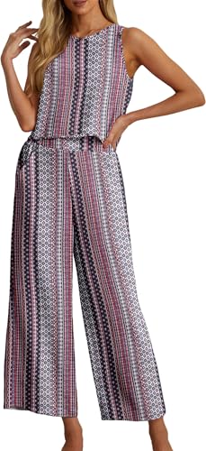 IWOLLENCE Women's Summer 2 Piece Outfits Set Round neck Sleeveless Tank Crop Top Wide Leg pants Set Pockets Jumpsuits