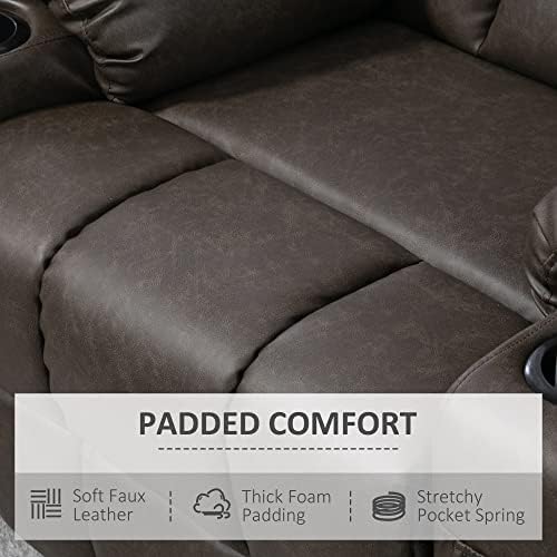 HOMCOM Manual Recliner Chair, Overstuffed PU Leather Recliner Armchair with Footrest, Cup Holders, Side Pockets, 360° Swivel for Living Room Bedroom, Dark Brown