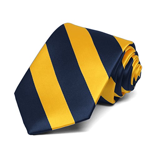 tiemart Boys' Neckties for 8 to13 years old (Navy Blue and Golden Yellow Striped)