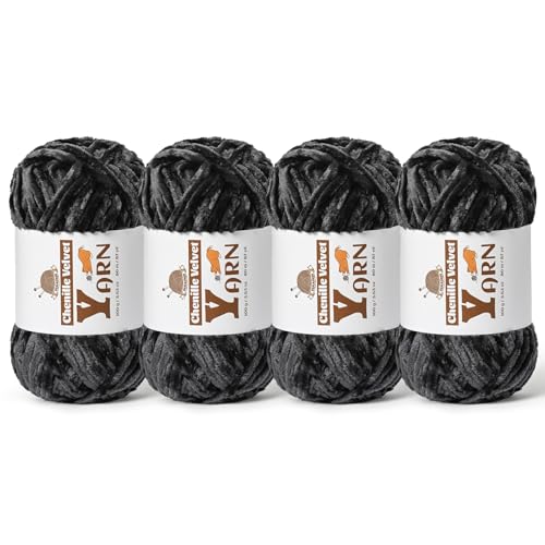 Image of 4 Pack Plush Chenille Chunky Yarn - Fluffy Velvet Yarn Crochet for Blanket Knitting and Crocheting - Soft Baby Yarns for Crocheting - Amigurumi Crochet Yarns 100g (87yds) (4 Carbon Grey)