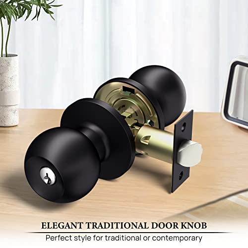 Vicmeon Door Knob With Lock And Keys, Locking Door Knobs With Keys, Entry Door Knobs Exterior, Round Ball Door Knobs For Bedroom, Matte Black, 6 Pack #TOP1