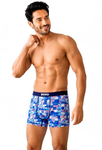 Image of BONO Men Cotton Blend Printed Trunk Combo Anti-Bacterial Moisture Wicking No Marks Stretchable Regular Fit Waistband Underwear Pack of 3 (Darkblue-Multicolor-TurquiseBlue-M)