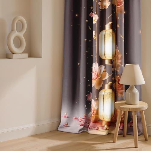 Image of Ultimate Trends Festival Themed Light Filtering Polyester Curtain Diya, Lantern, Lotus & Fireworks Print | Ideal for Diwali, Pooja Room, Living Room Dcor | Eyelets|, 6 FEET (Pack of 2)