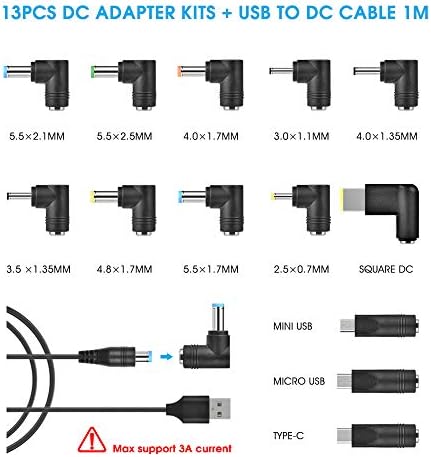 aceyoon DC Power Cable 1M USB Power Cable 5V/3A with 13 Tips DC Charger Plug Universal 5.5 x 2.1mm DC USB Cable DC Barrel Jack adapter for DC Power Supply Compatible for Laptops/Router/Keyboard etc
