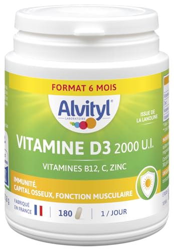 Alvityl Vitamine D3 2000 UI - Cure de 6 mois - Vitamines D3, C, ZINC - 1 comprimé par jour - Dès 18 ans