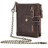 Polare Full Grain Leather Wallet with Chain RFID Blocking Travel Bifold Purse for Men Card Case with Anti-Theft Chain and 2 Zip Coin Pockets
