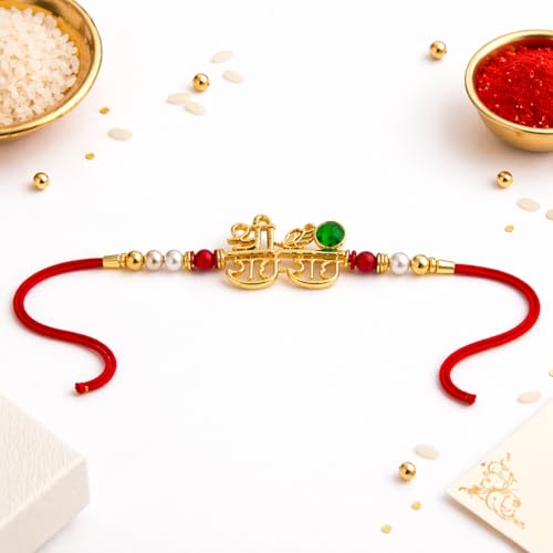 Image of JAIPUR ACE Designer Shree Radhe Rakhi with Pearl & Stone Beads- Premium Gold Finish Raksha Bandhan Thread for Brother,Rakhi with Elegant Red String and Festive Traditional Design (Radhe Radhe Rakhi)