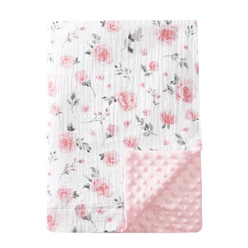 Image of david's kids Muslin Minky Baby Blanket for Girls with Muslin Cotton Front and Dotted Fleece Backing, Breathable and Soft Lightweight Receiving Blanket for Newborns, 30x40 Inches, Floral