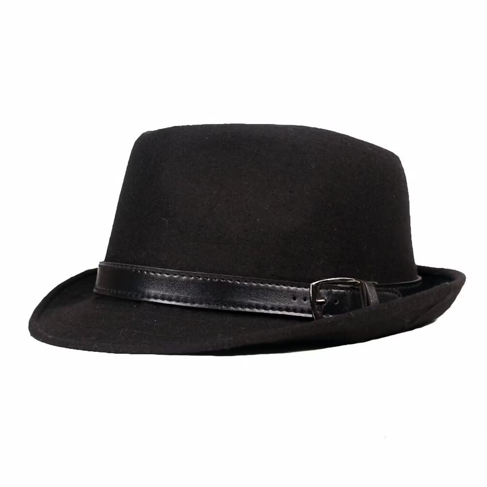 Classic Trilby Fedora Hat with Belt, Casual Jazz Cap Felt Hat Mens Fedoras Black