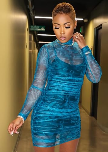 Image of MOEENCN Sexy Long Sleeve Mini Dress for Women Sheer Mesh Printed 2 Piece Skirt Set Crew Neck See Through Bodycon Clubwear